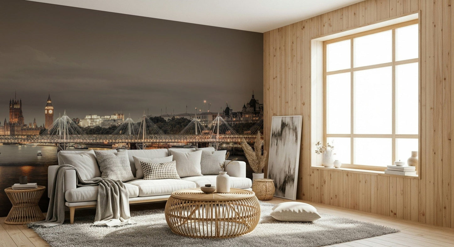 London's Nightfall wallpaper mural of the dusk Thames skyline behind a white sofa in a wood-panelled living room