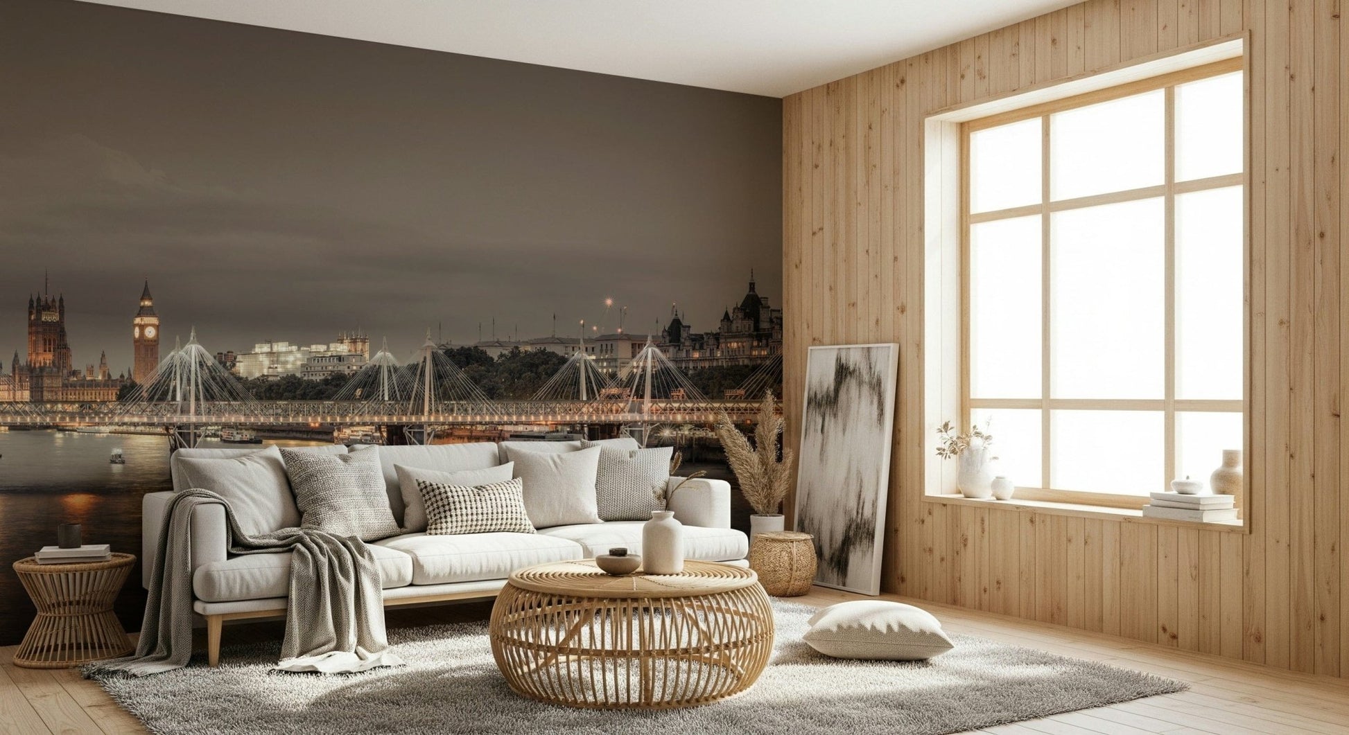 London's Nightfall wallpaper mural of the dusk Thames skyline behind a white sofa in a wood-panelled living room