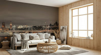 London's Nightfall wallpaper mural of the dusk Thames skyline behind a white sofa in a wood-panelled living room