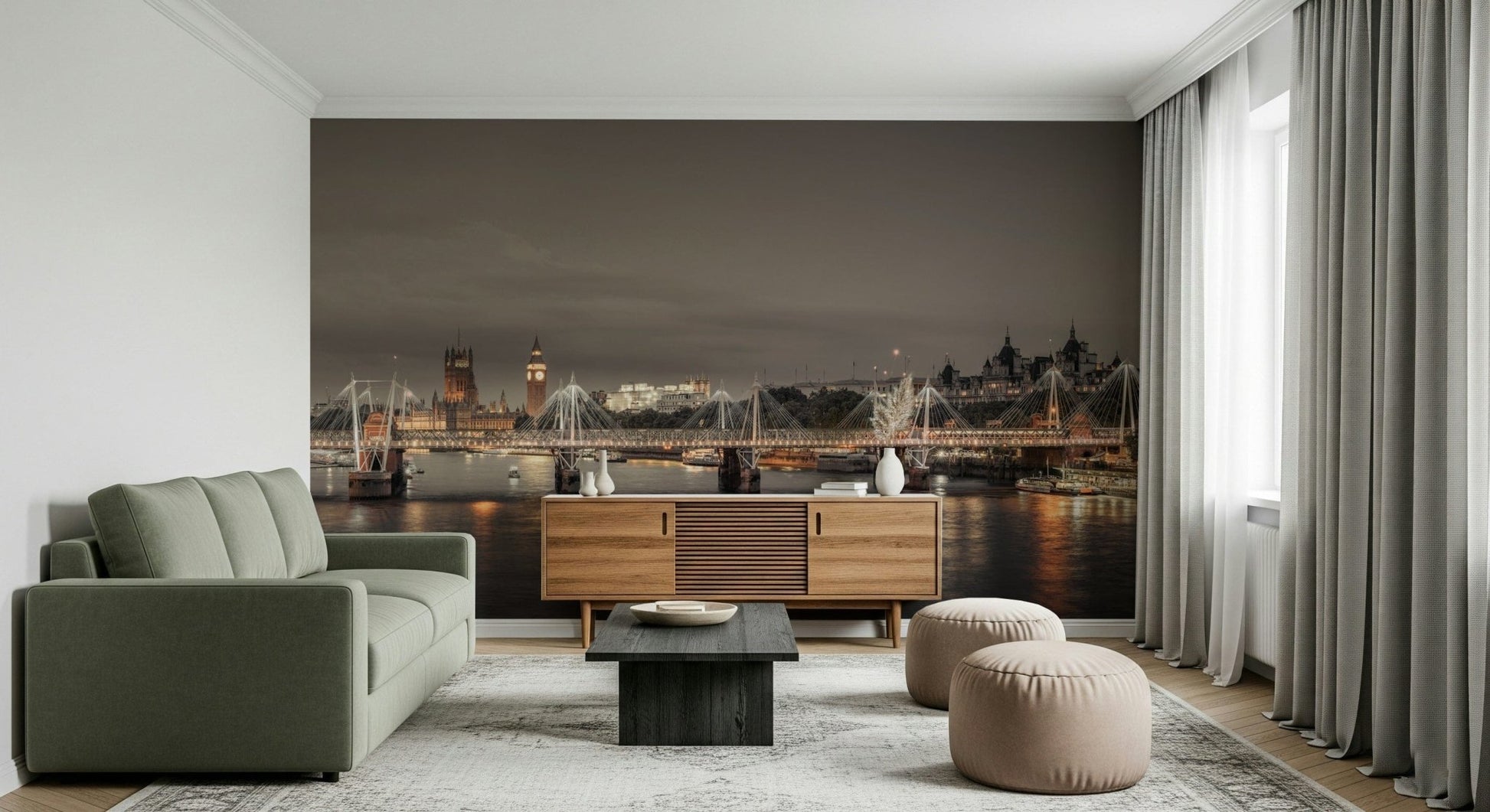 London's Nightfall wallpaper mural of the evening London skyline above a green sofa and walnut sideboard in a living room