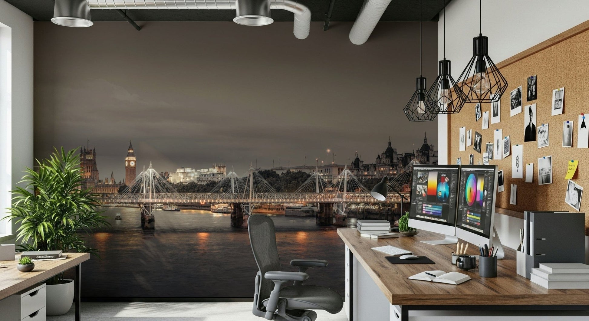 London's Nightfall wallpaper mural of the night skyline in a home office with dual monitors and a corkboard