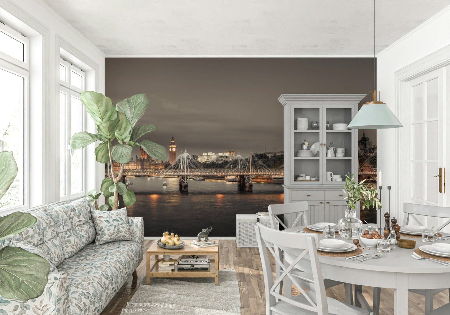 London's Nightfall wallpaper mural of the lit Thames bridge in an open-plan living and dining room with grey dresser