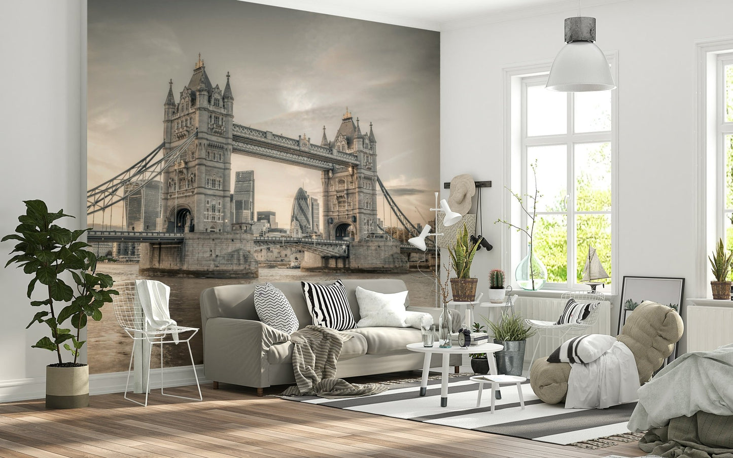 London's Tower Bridge wallpaper mural in sepia behind a beige sofa in a Scandi living room
