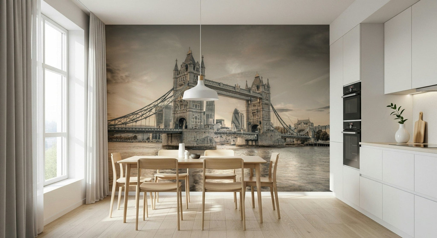 London's Tower Bridge wallpaper mural in sepia in a kitchen diner with a light wood table and chairs