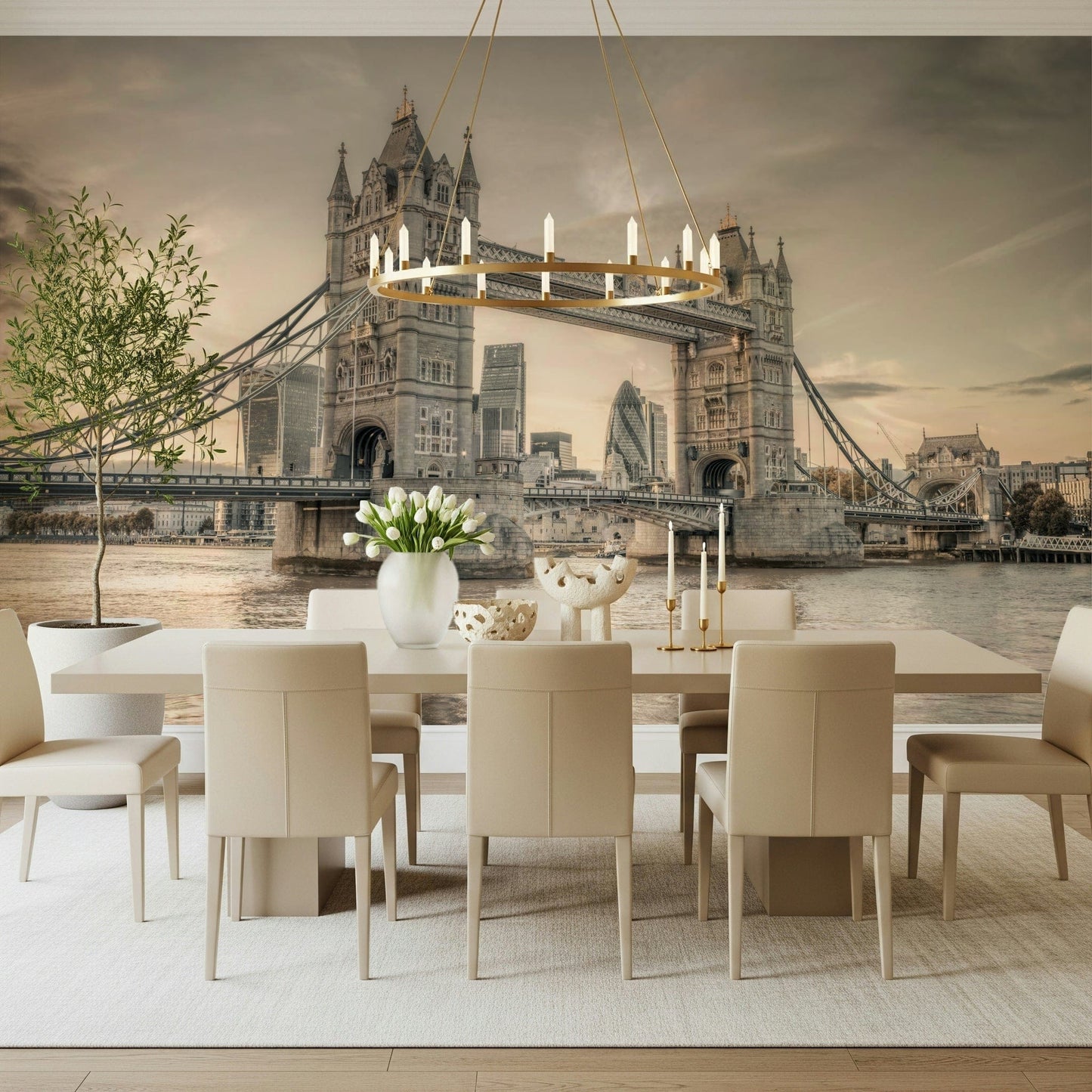 London's Tower Bridge wallpaper mural in sepia in a dining room with a brass ring chandelier and tulips