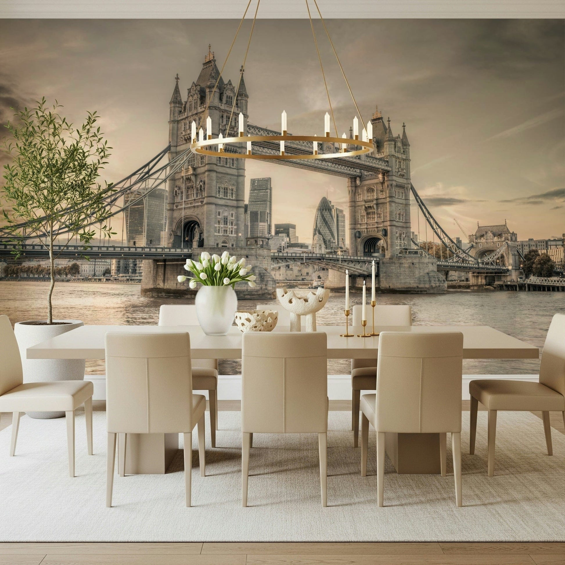 London's Tower Bridge wallpaper mural in sepia in a dining room with a brass ring chandelier and tulips