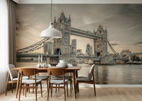 London's Tower Bridge wallpaper mural in sepia behind a walnut dining table with grey chairs