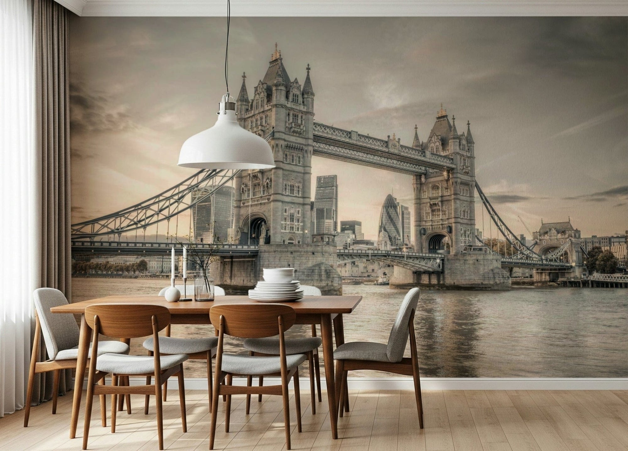 London's Tower Bridge wallpaper mural in sepia behind a walnut dining table with grey chairs