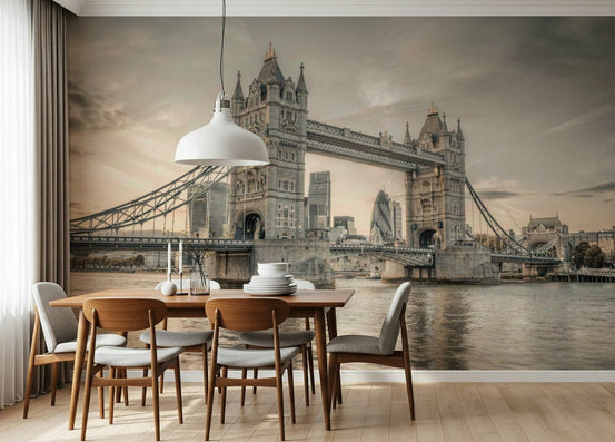 London's Tower Bridge wallpaper mural in sepia behind a walnut dining table with grey chairs