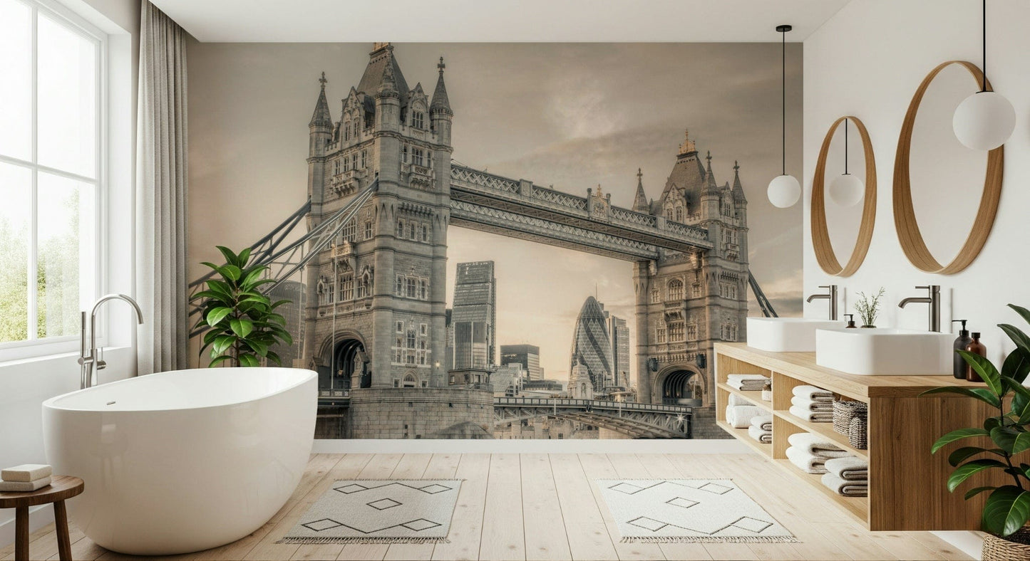 London's Tower Bridge wallpaper mural in sepia in a bathroom with a freestanding tub and wood vanity