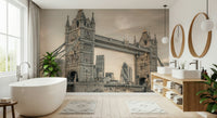 London's Tower Bridge wallpaper mural in sepia in a bathroom with a freestanding tub and wood vanity