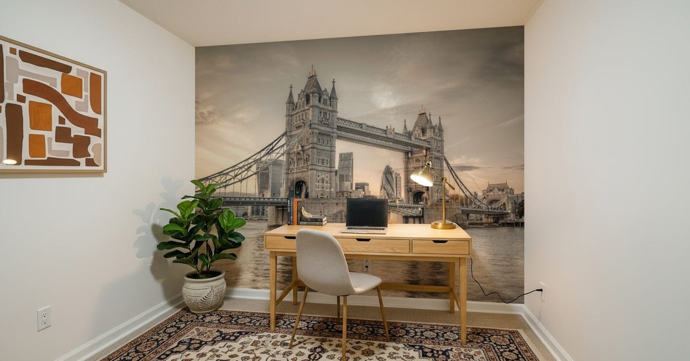 London's Tower Bridge wallpaper mural in sepia in a home office with a wood desk and brass lamp