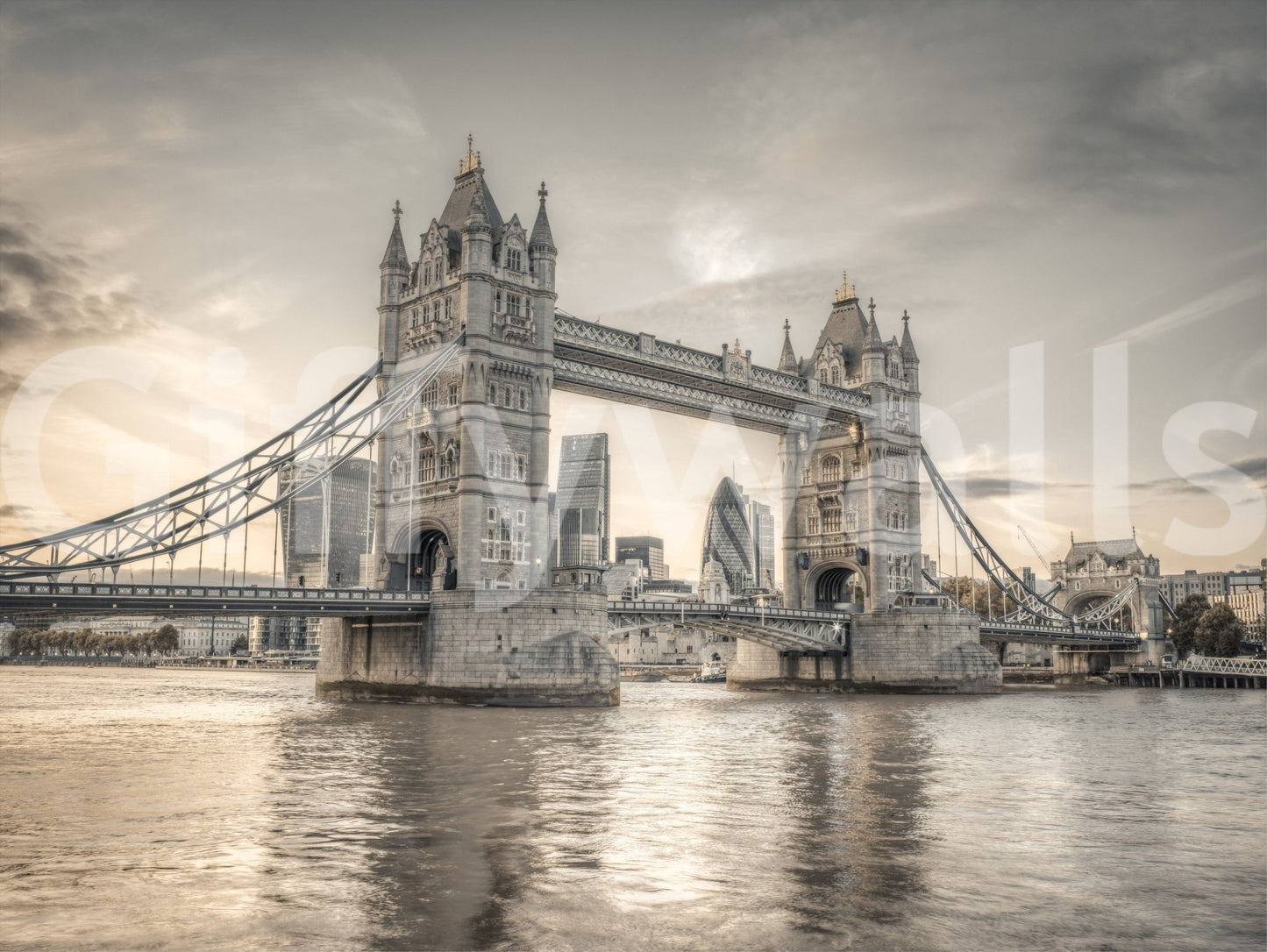 London's Tower Bridge wallpaper mural shown full-wall in sepia over the Thames with the City skyline