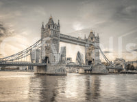 London's Tower Bridge wallpaper mural shown full-wall in sepia over the Thames with the City skyline