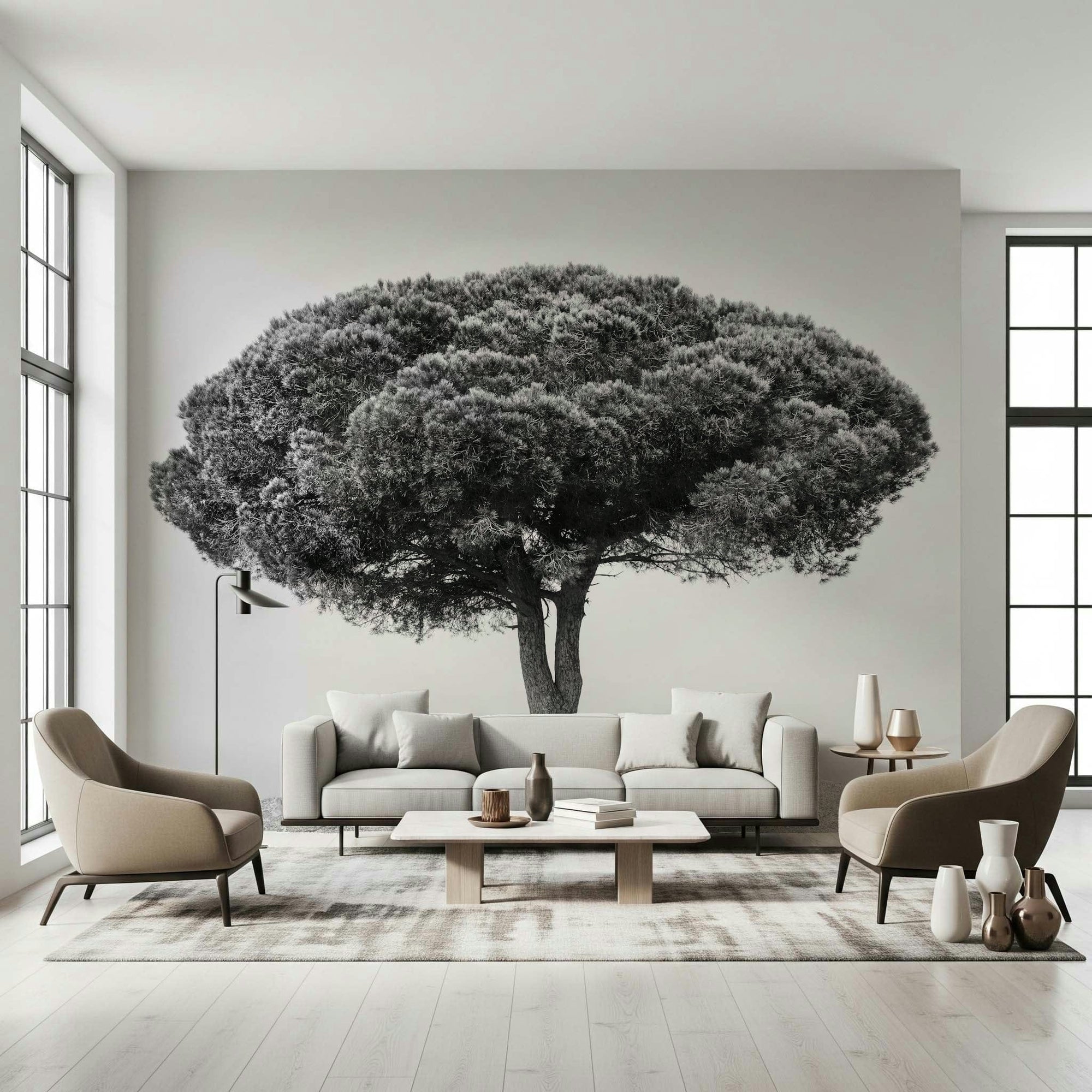 Solitary Majesty wallpaper mural of a black and white lone pine behind a white sofa and two beige armchairs