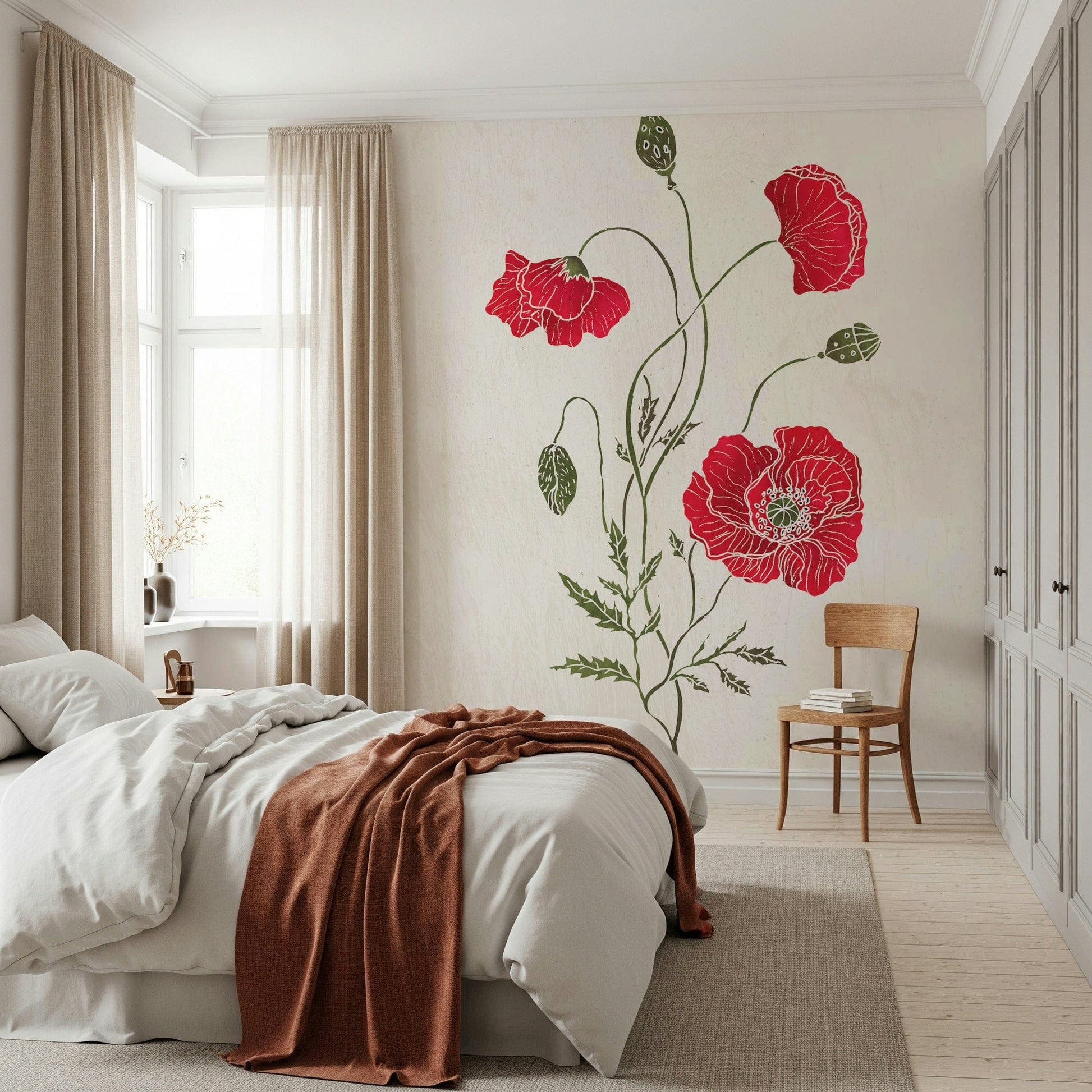 Delicate Lonely Red Poppy flower drawing, unique wallpaper for walls.