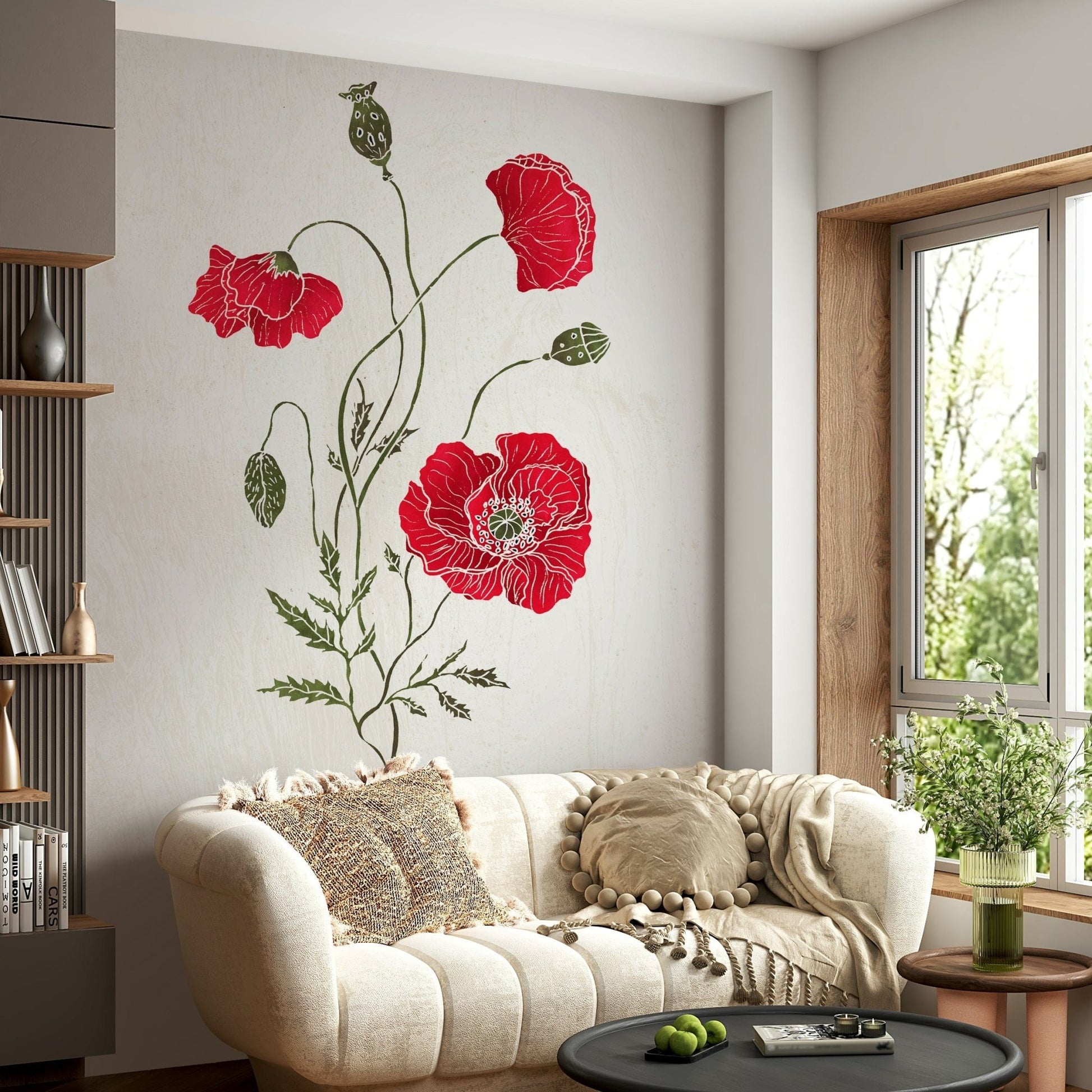 Watercolor style Lonely Red Poppy blooms, decorative floral wall mural.