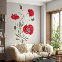 Watercolor style Lonely Red Poppy blooms, decorative floral wall mural.