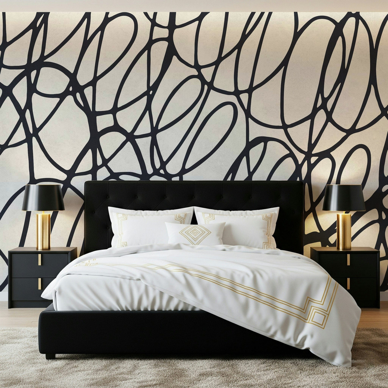 Loop Lines abstract mural design. Bold black scribble wallpaper art. Dynamic wall covering.