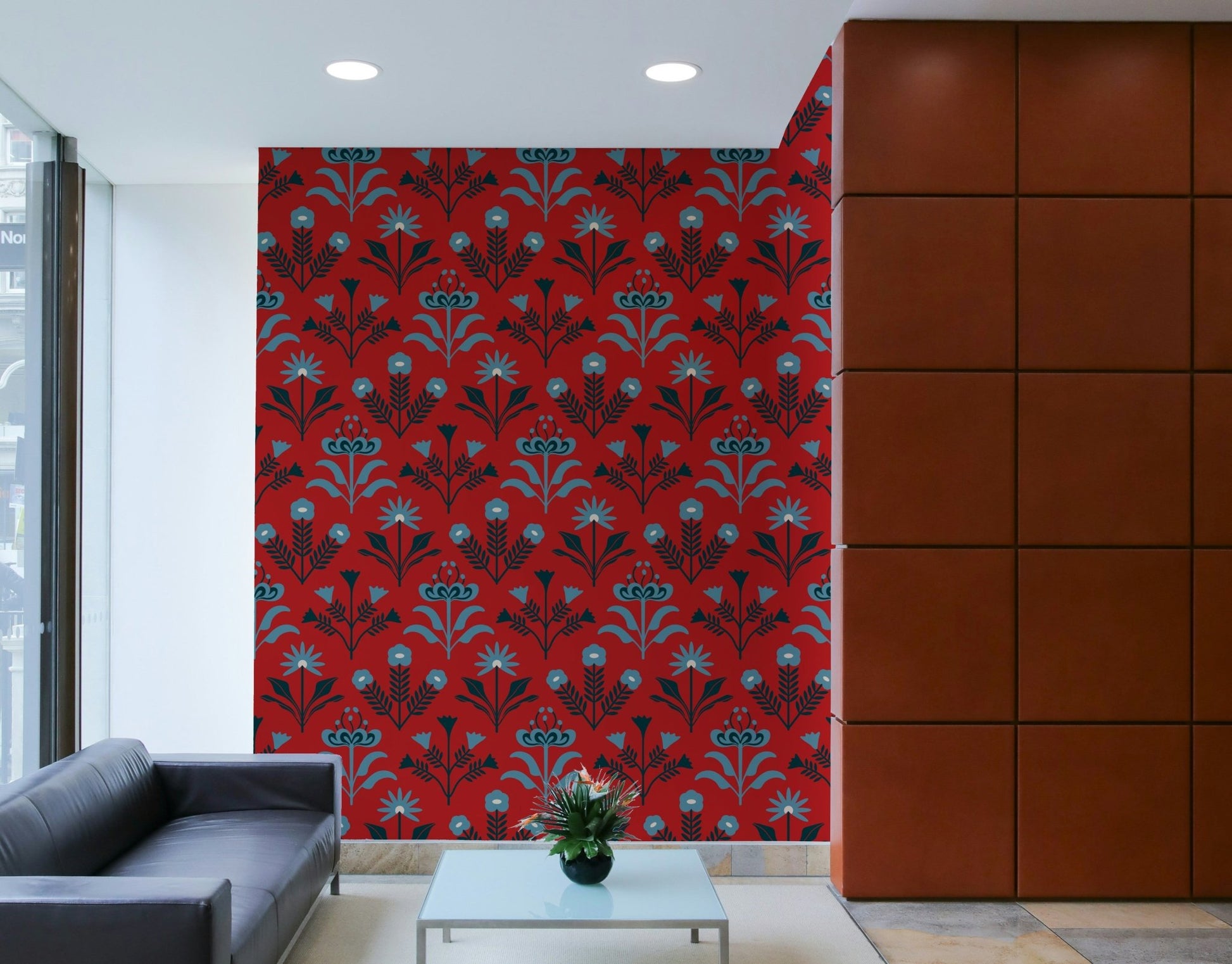 Features stylized flowers with a blend of Mid-Century Modern and Scandinavian retro influences.
