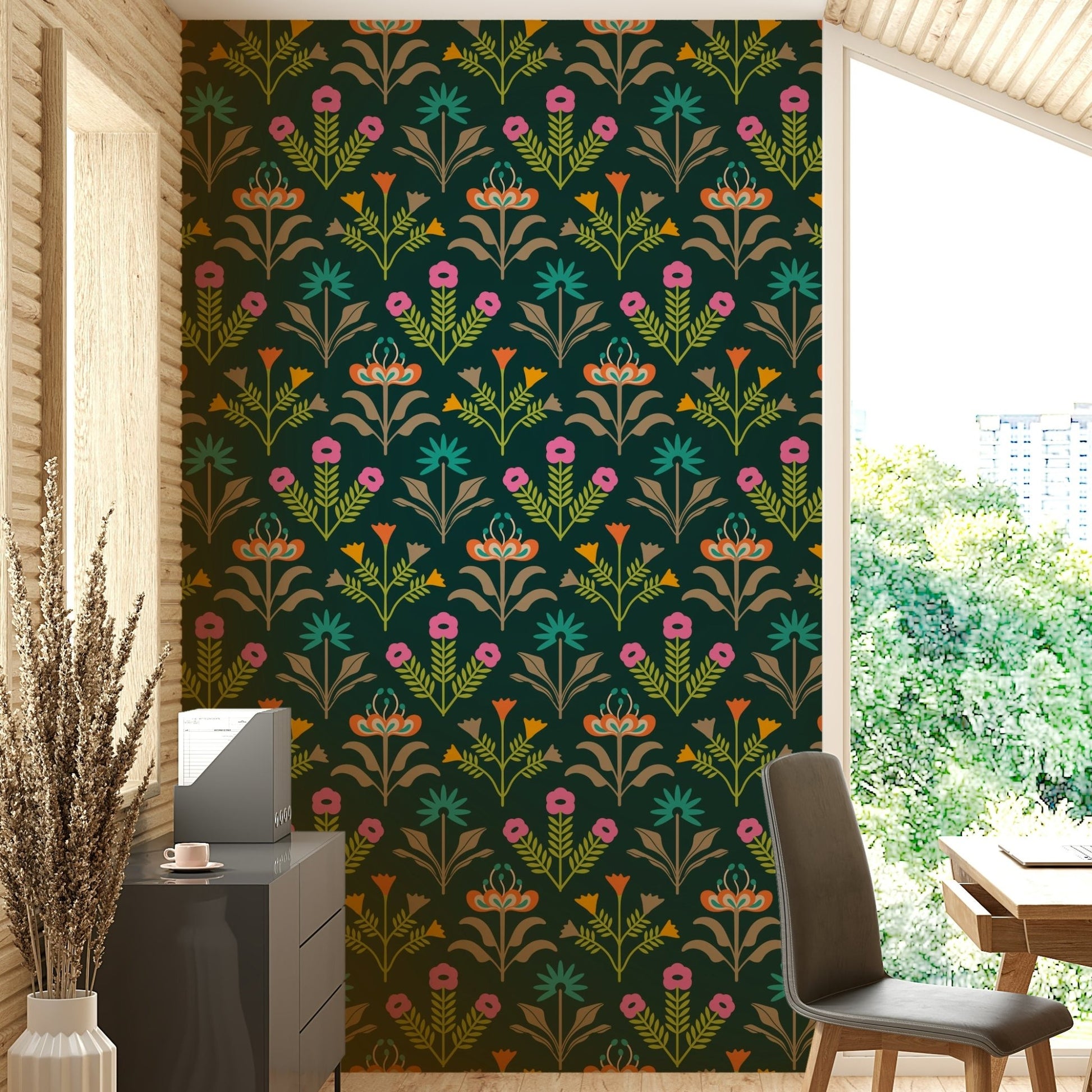 A sophisticated and eclectic floral wallpaper pattern.
