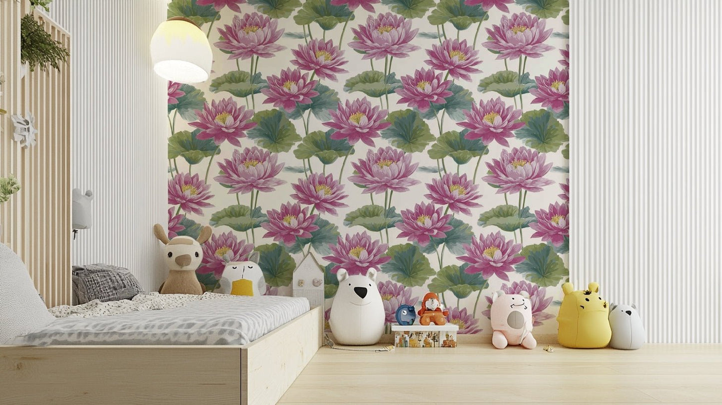 The wallpaper is applied seamlessly, giving the wall a uniform, high-end look.

