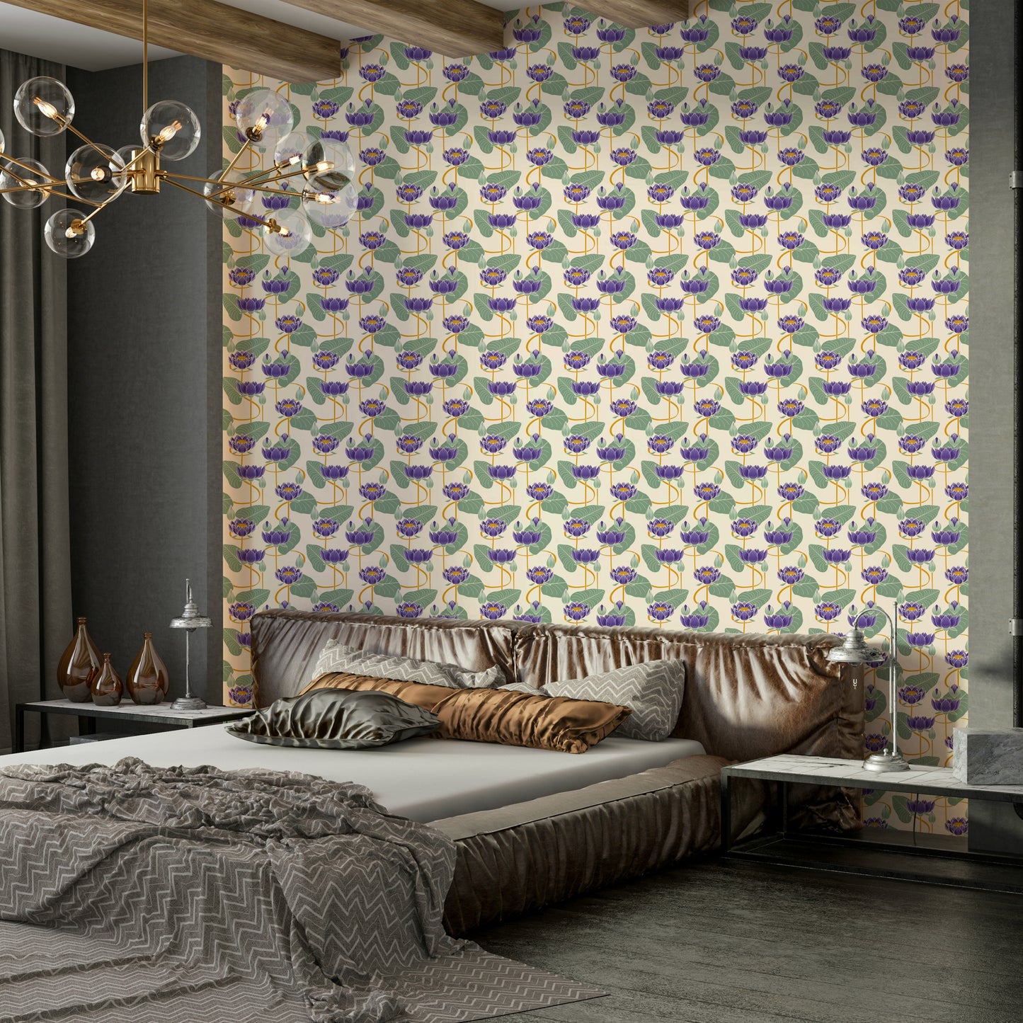 Elegant lotus mural in pastel and neutral tones

