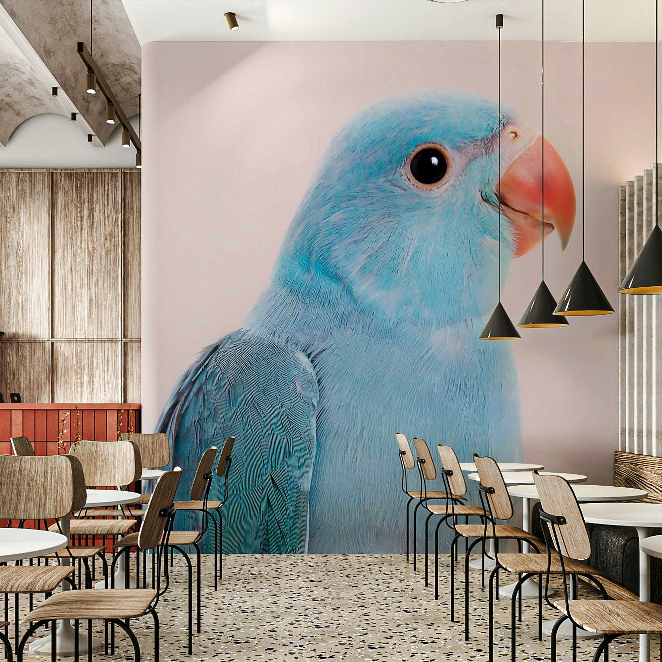 Soft bird-themed wallpaper in pink, blue, and green

