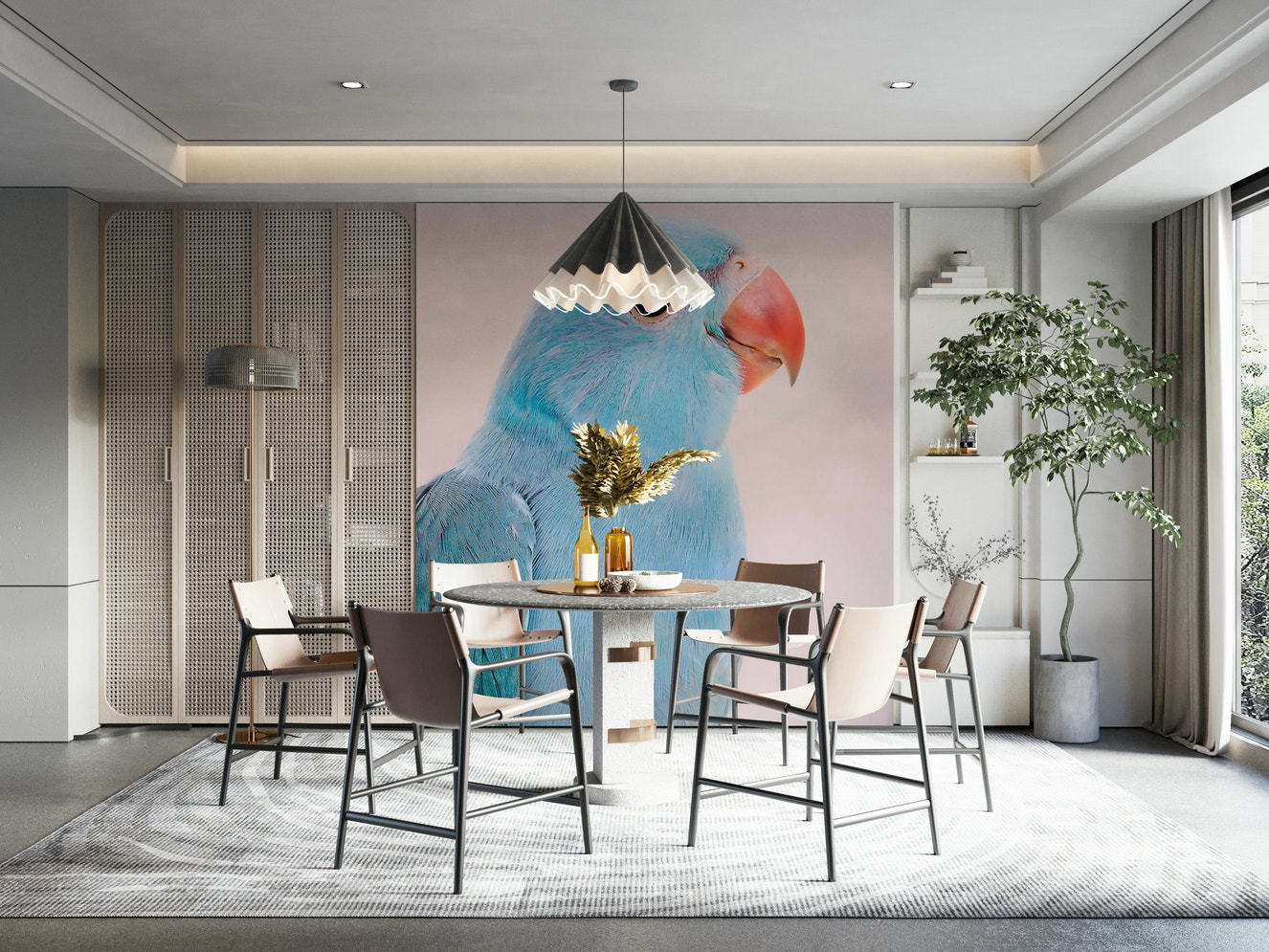 Lovebird wall mural with soft pastel tones

