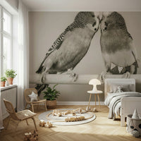 Cute Lovebirds on a Perch peel and stick mural displaying feathered friends bonding.