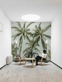 Retro coastal mural with palm trees and serene backdrop

