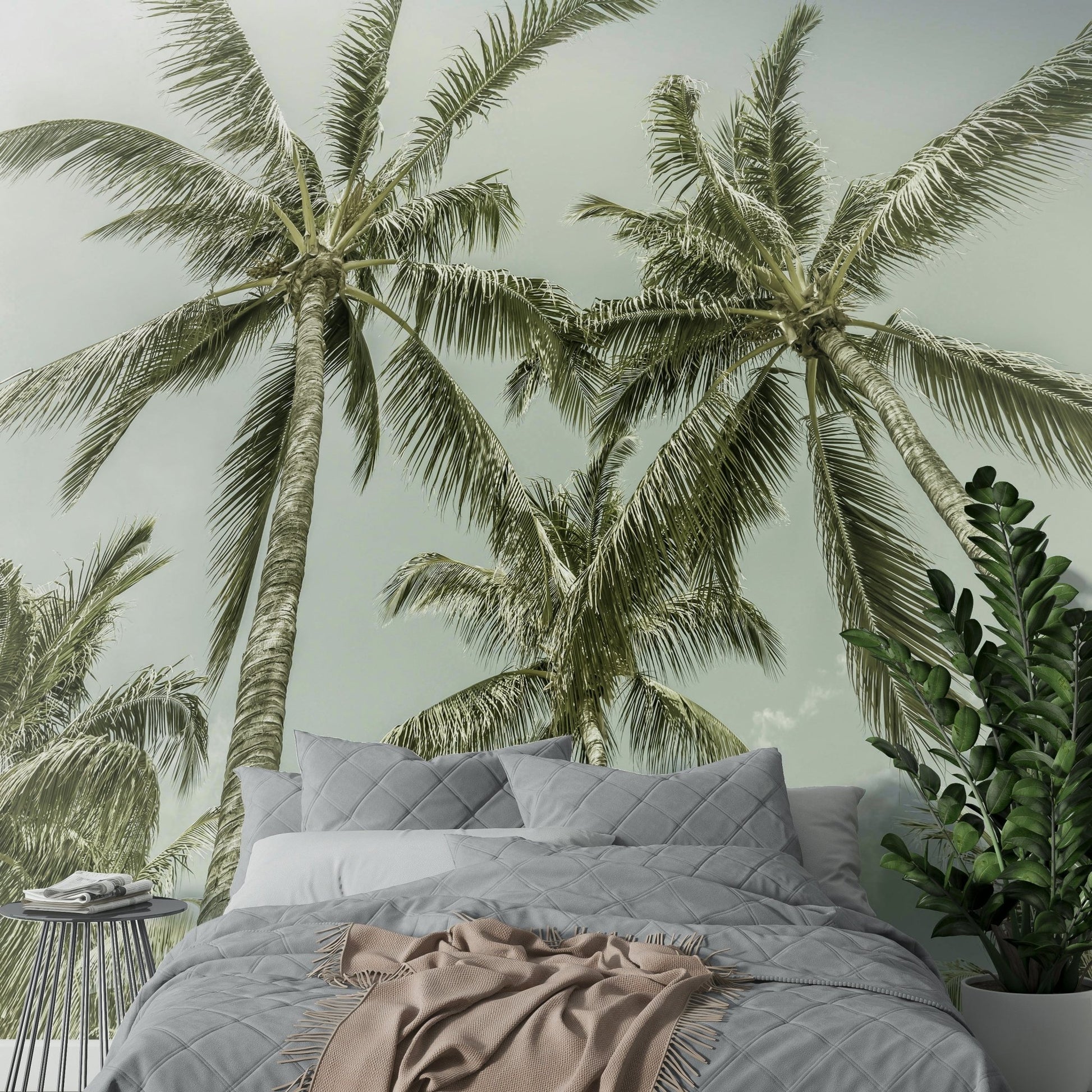 Timeless palm trees and beach scene in vintage mural

