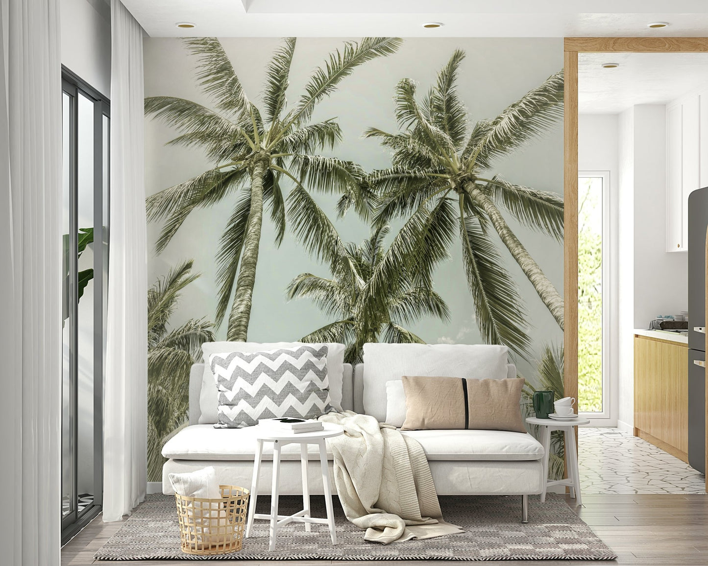 Vintage mural featuring palm trees and beach ambiance

