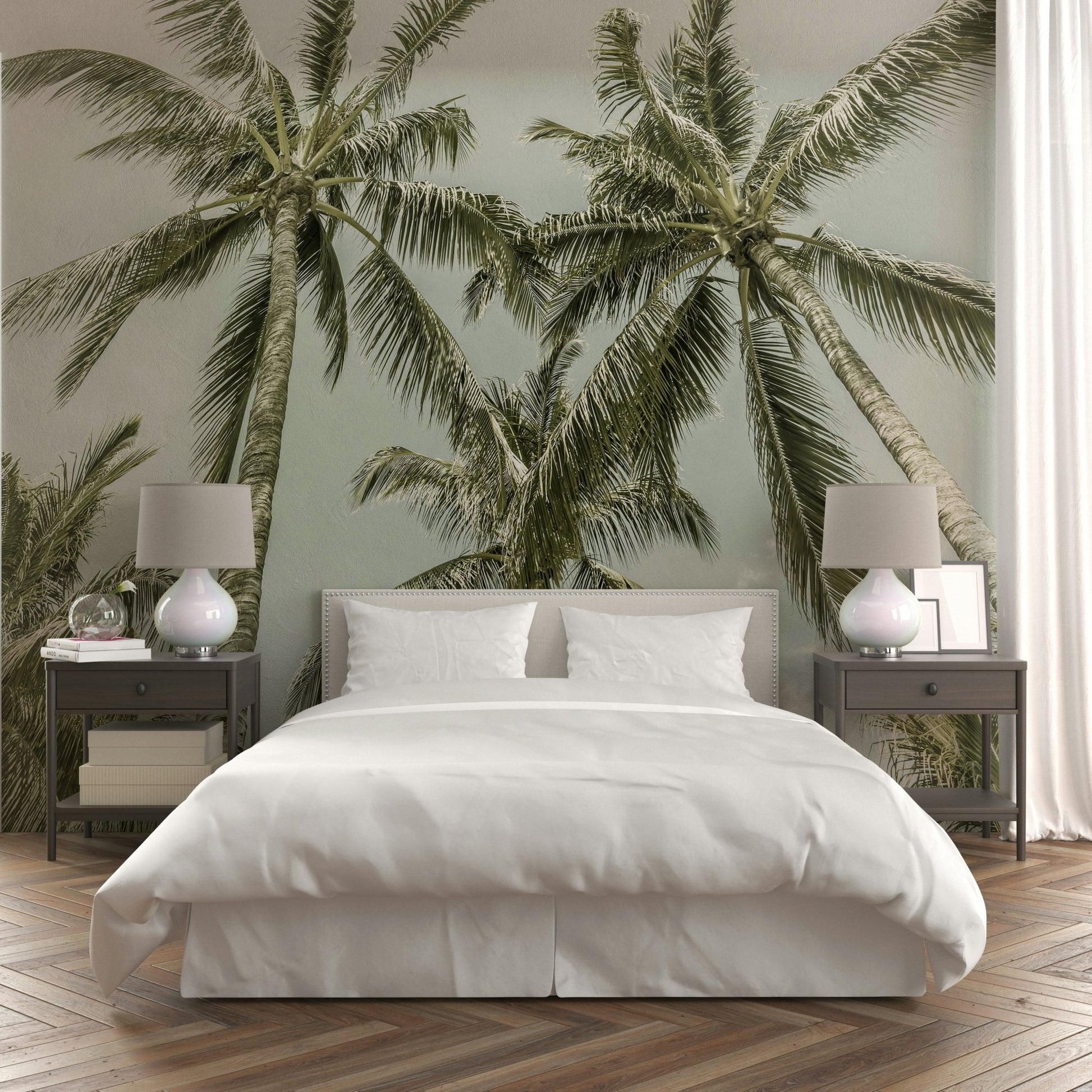 Lovely Palm Trees Vintage Wall Mural with soft coastal tones

