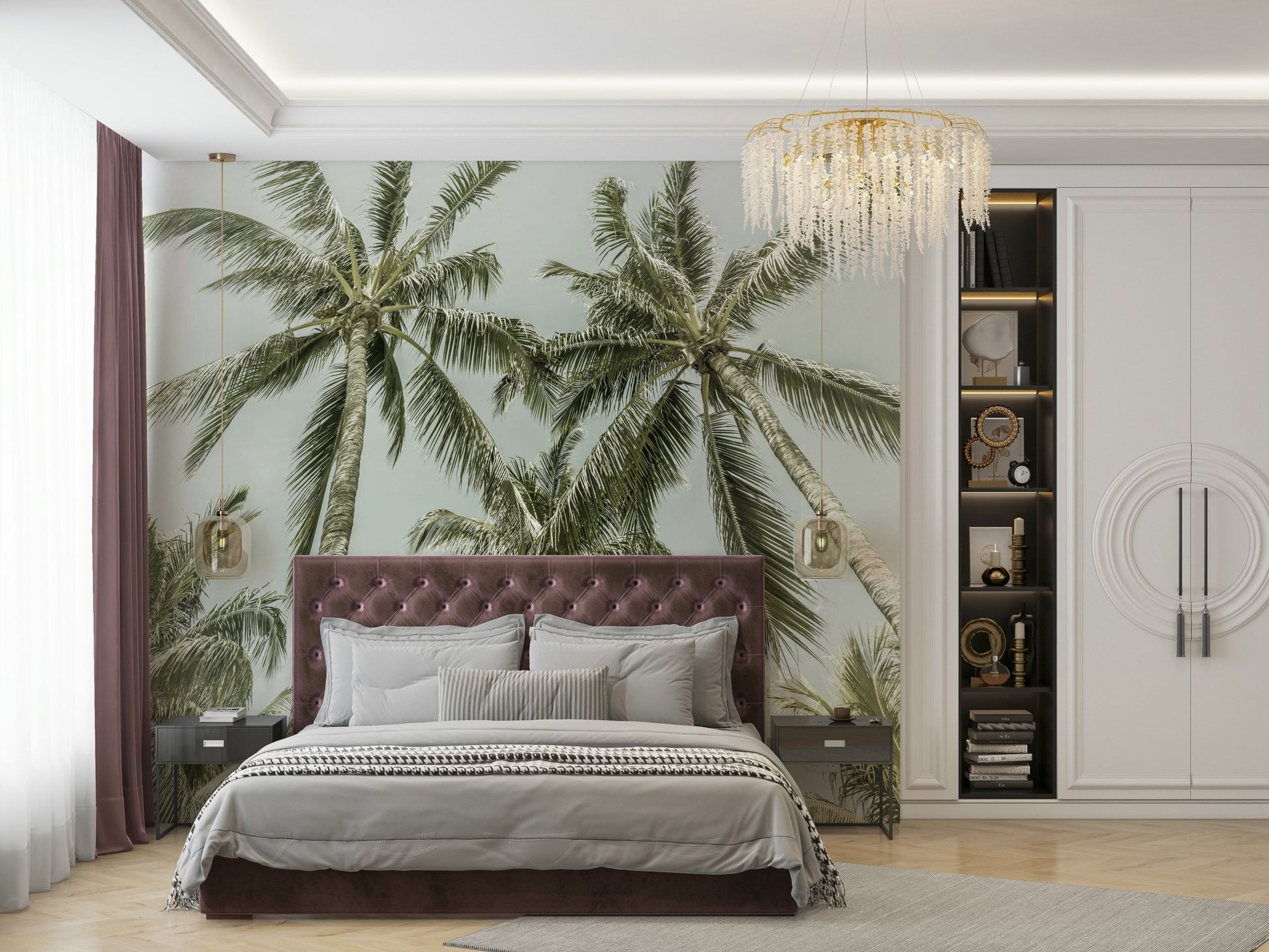Nostalgic palm trees in a vintage coastal wall mural

