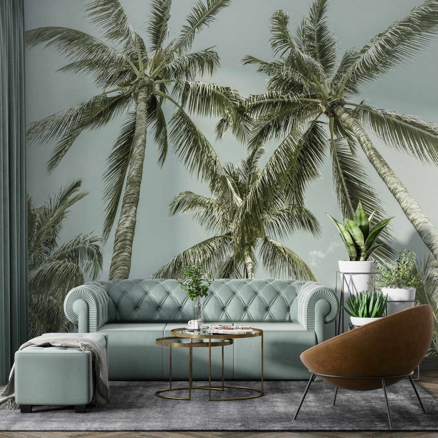 Palm tree mural with retro style and coastal atmosphere

