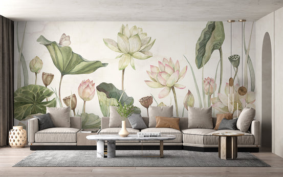 Lovely water lilies wallpaper mural in green and pink behind a beige sectional sofa in a bright living room
