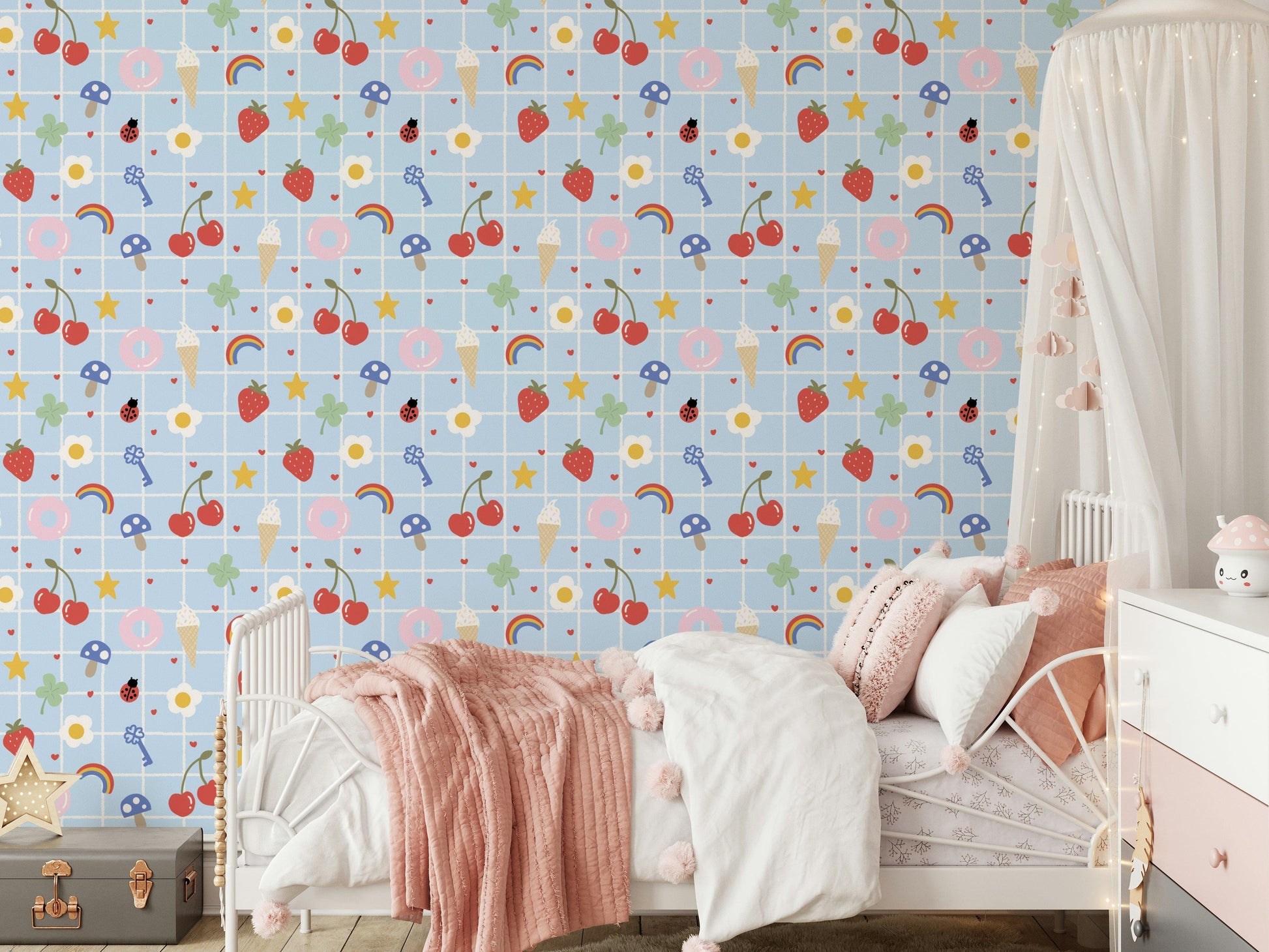 Joyful pattern Lucky Charm wall covering, mushroom and key graphic.