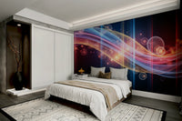 A home office with a peaceful wave mural

