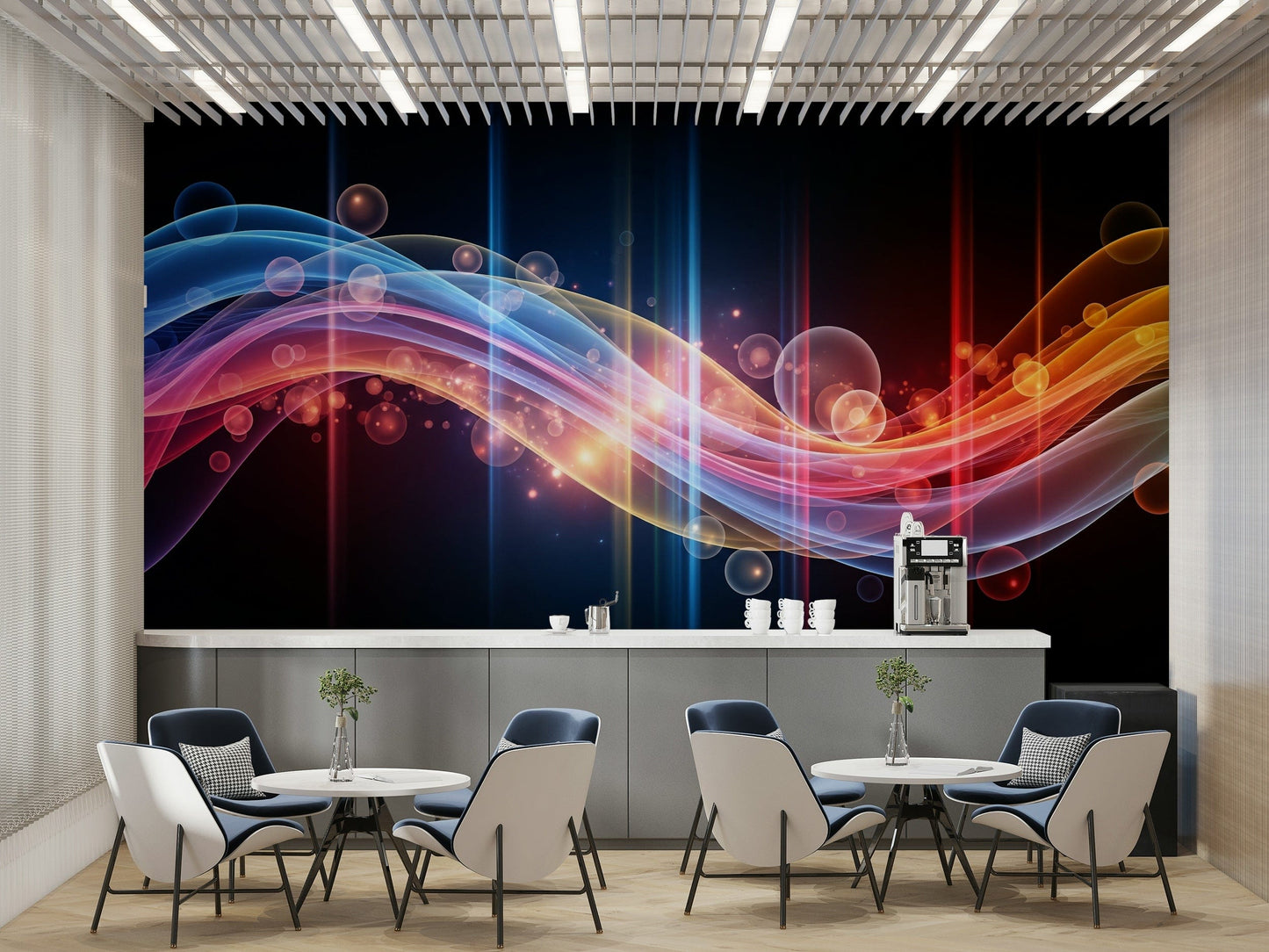 An angled shot of a wall with abstract wave wallpaper

