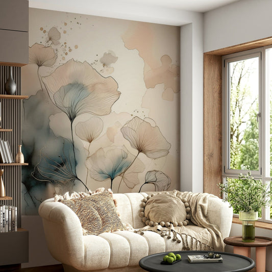 Luminous Botanical Lines wallpaper mural in blue and beige behind a cream tufted sofa in a cosy sunlit living room