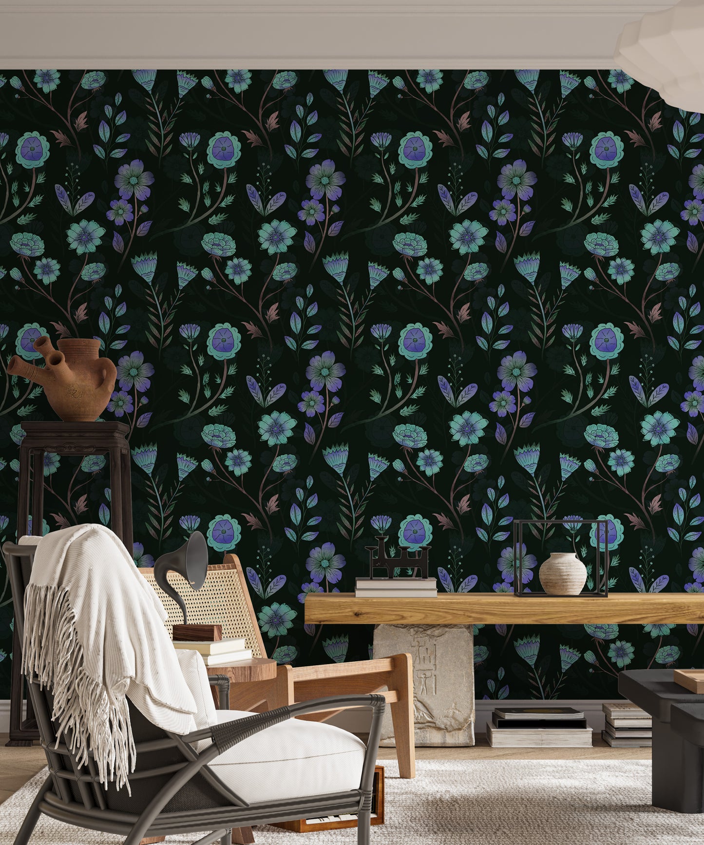 Luminous Floral Whispers Bluish Tones Wallpaper