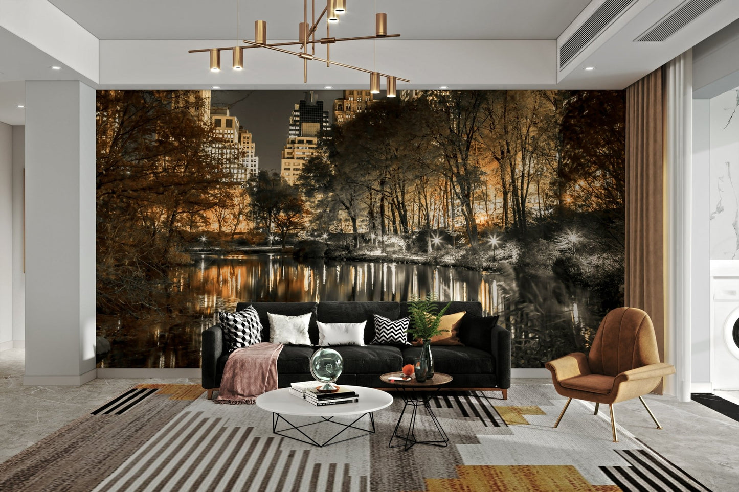 Wall mural capturing the peaceful contrast of nature and urban life

