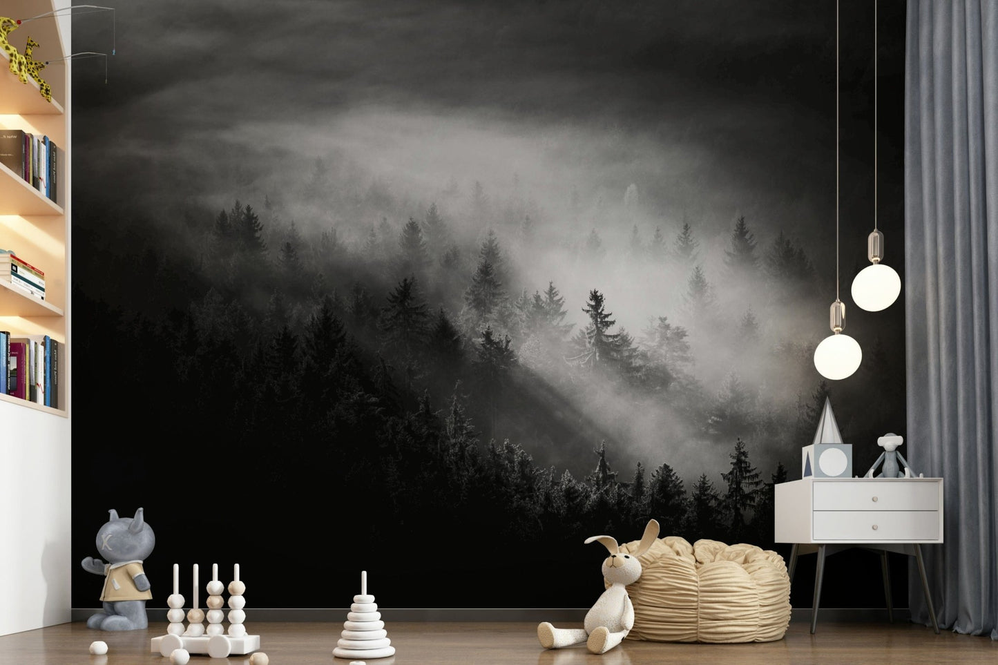 Woodland Island Fog wall art, beams piercing dark woods.