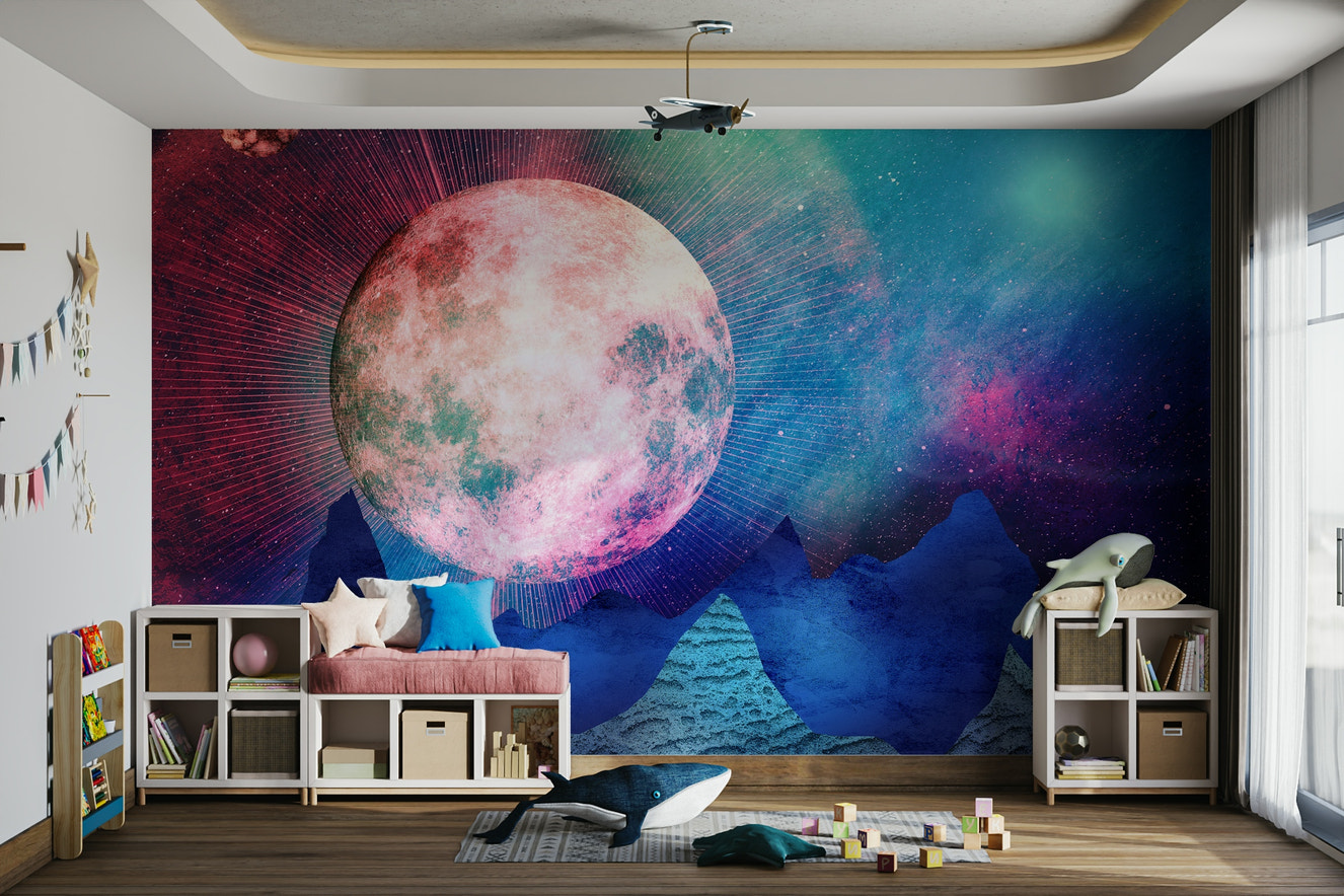 Lunar Eclipse over Blue Mountains Wallpaper in a modern living room with navy accents.