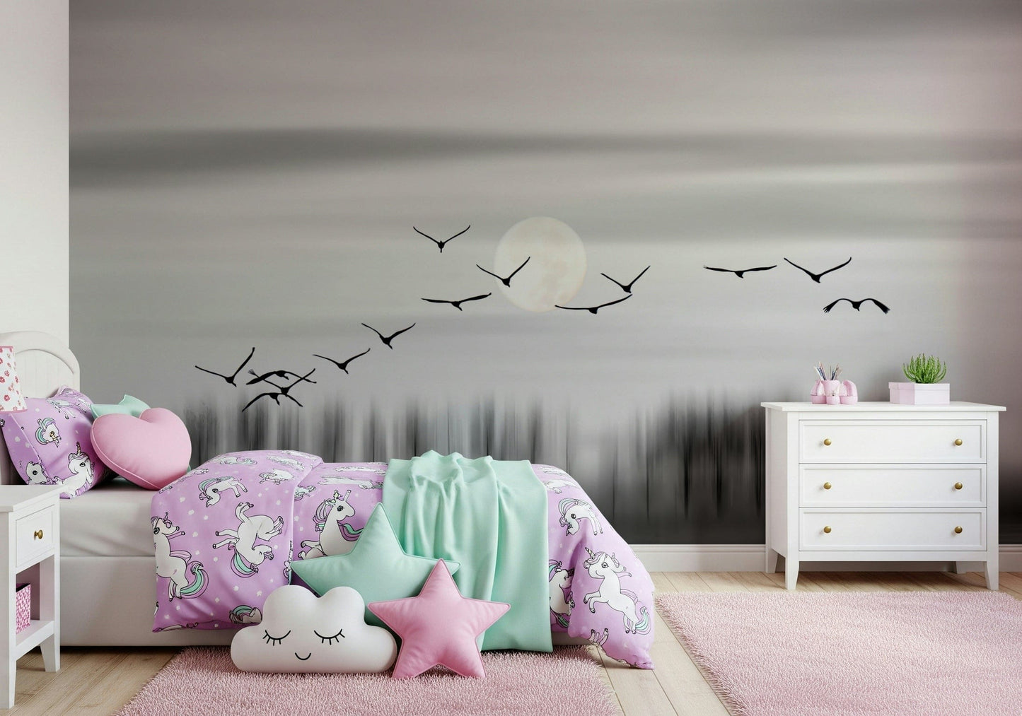 Wall mural depicting birds in flight over a glowing, mystical lunar sky.