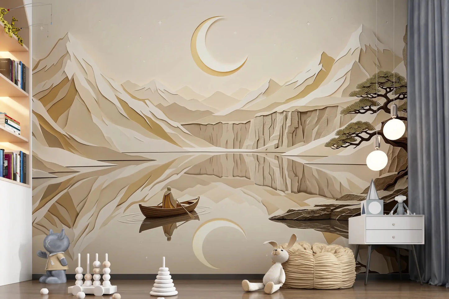 Beige mountain wall mural with crescent moon and calm lake