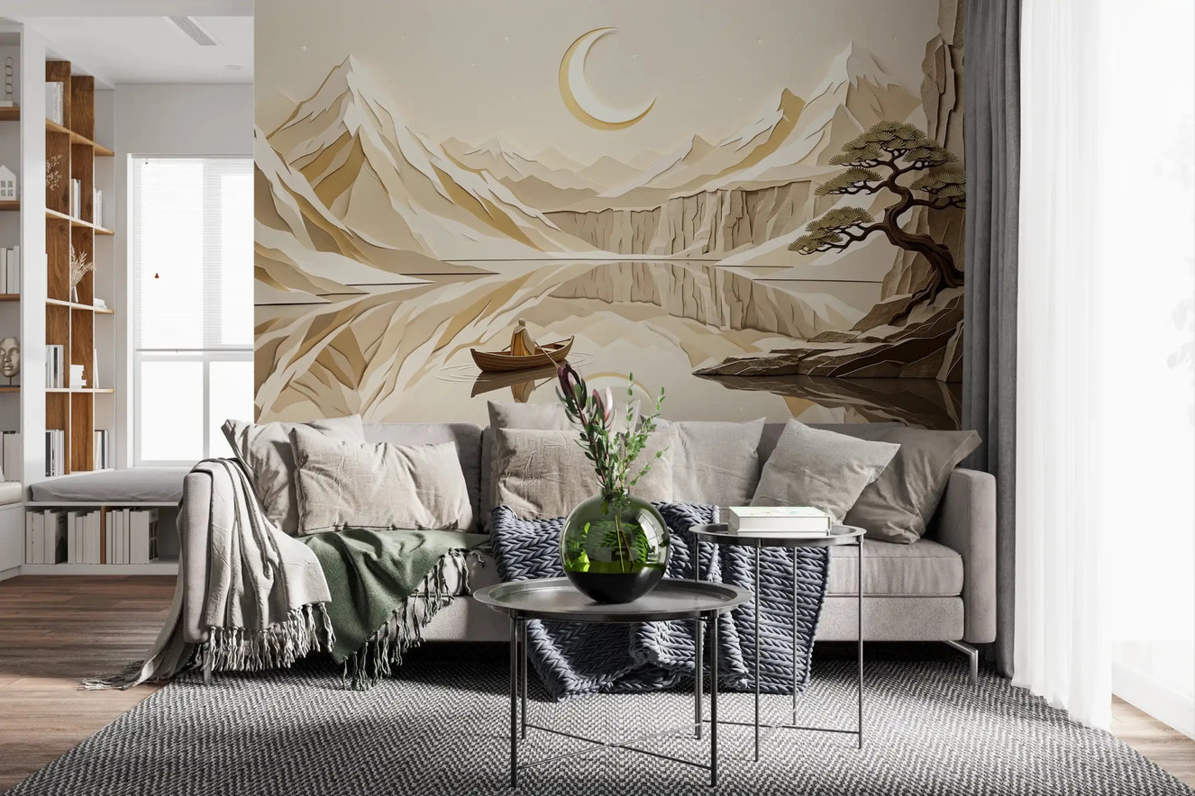 Hallway beige mountain wall mural with calm lake view