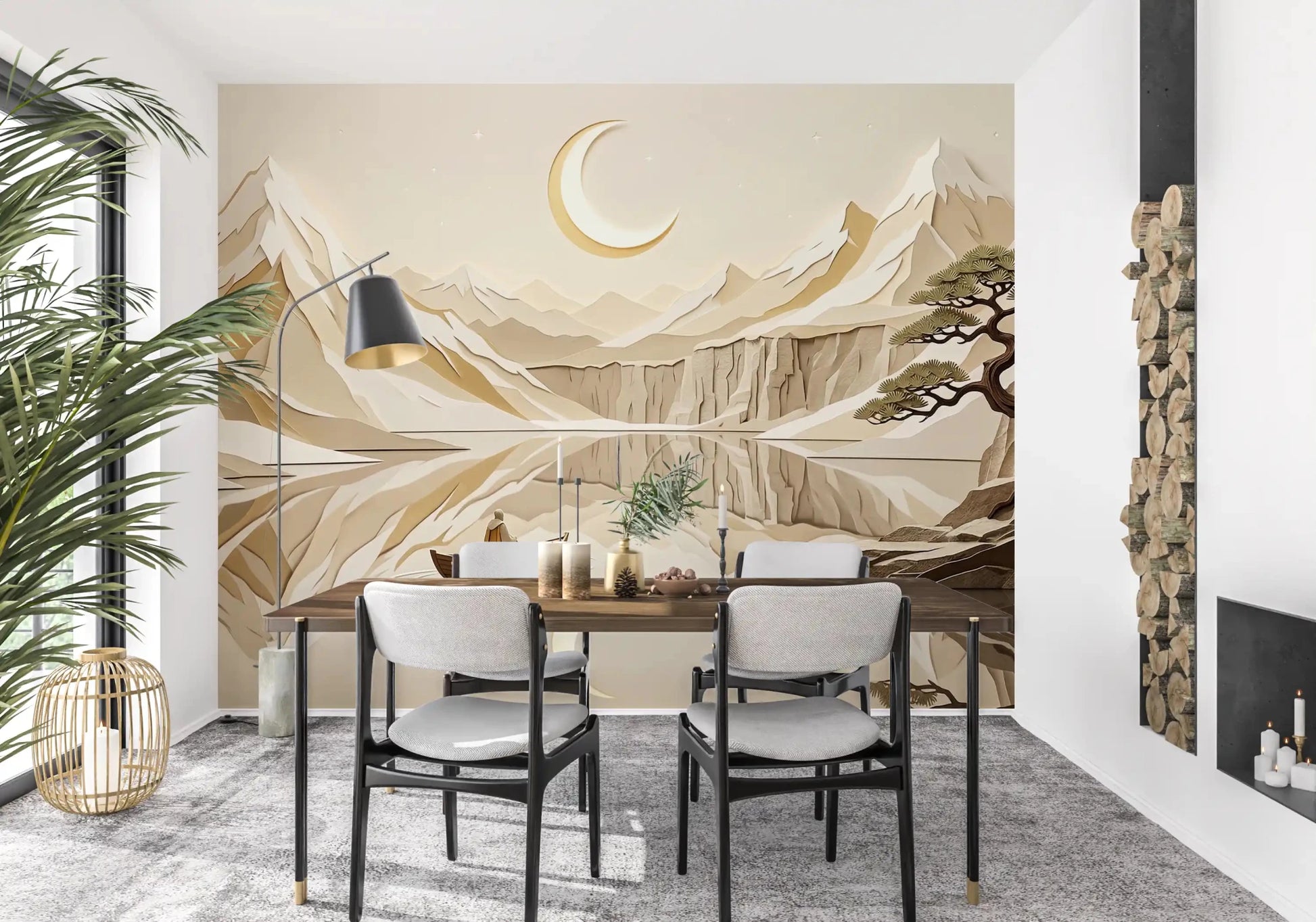 Scenic beige mountain wall mural with layered reflections