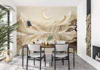 Scenic beige mountain wall mural with layered reflections